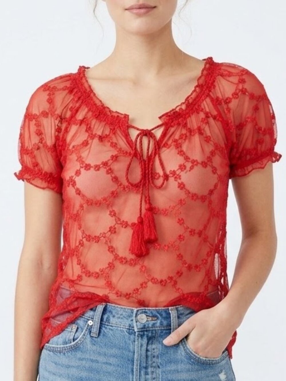 Lucky Brand Blouse Small Red Embroidered Sheer Boho Peasant Romantic Y2K Fairy